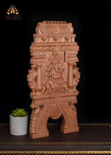 24” Ganesh Wood Carving with Lotus Pillars, Yalis and Peacocks Kavadi Wall Panel