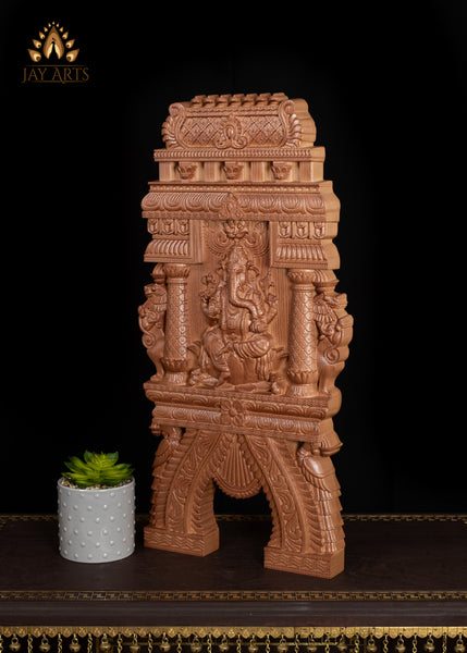 24” Ganesh Wood Carving with Lotus Pillars, Yalis and Peacocks Kavadi Wall Panel