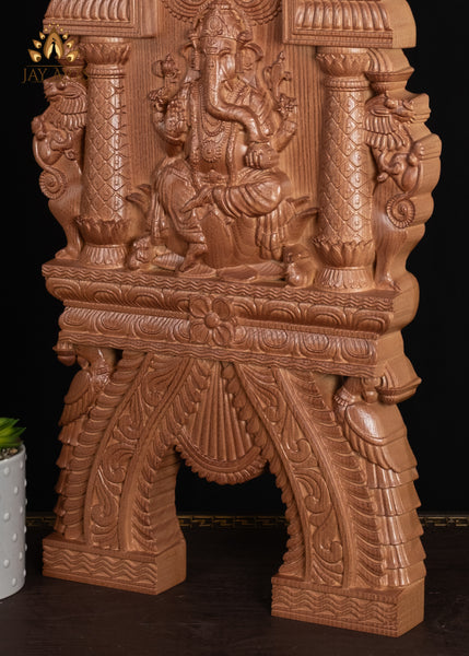 24” Ganesh Wood Carving with Lotus Pillars, Yalis and Peacocks Kavadi Wall Panel