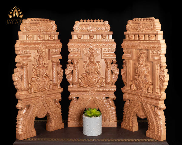 24" Lakshmi Kavadi Wooden Panel with Yali Pillars and Kalasam Wall Decor