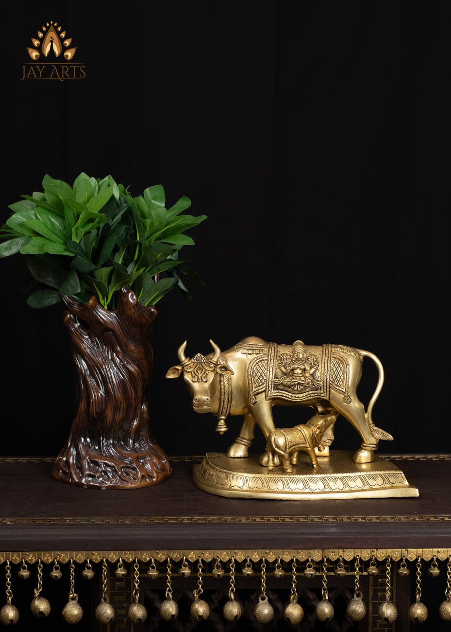 Classy 8" Brass Cow & Calf on Leaf-Shaped Base Symbol of Motherhood