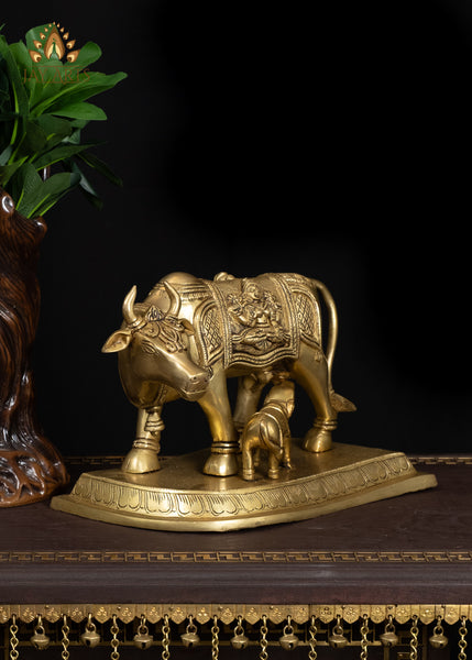 Classy 8" Brass Cow & Calf on Leaf-Shaped Base Symbol of Motherhood