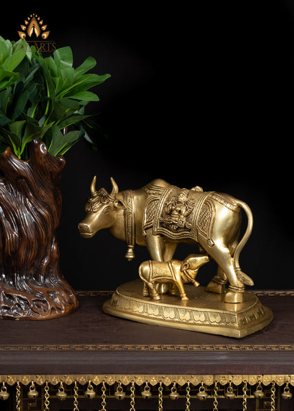 Classy 8" Brass Cow & Calf on Leaf-Shaped Base Symbol of Motherhood