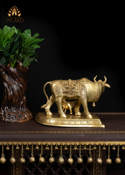 Classy 8" Brass Cow & Calf on Leaf-Shaped Base Symbol of Motherhood