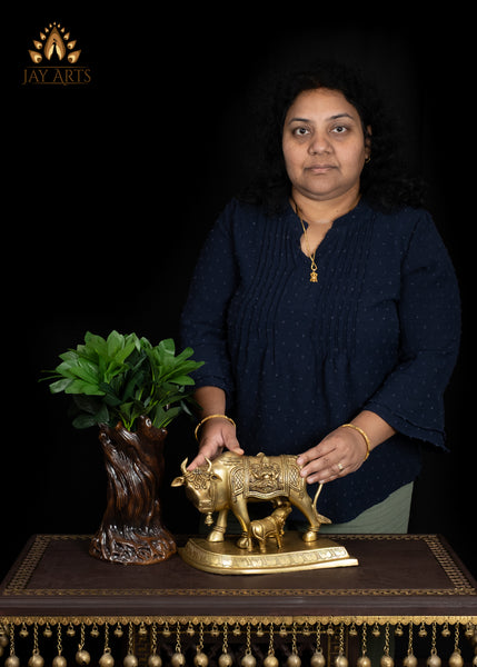 Classy 8" Brass Cow & Calf on Leaf-Shaped Base Symbol of Motherhood