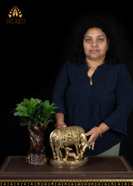 8" Sacred Brass Cow and Baby Krishna Statue Symbol of Nuture