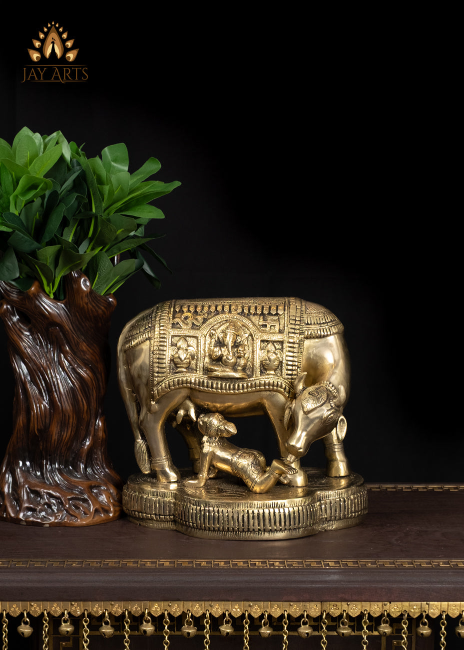 8" Sacred Brass Cow and Baby Krishna Statue Symbol of Nuture