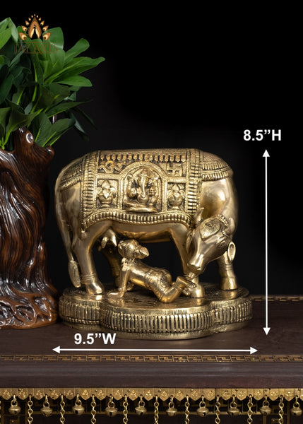 8" Sacred Brass Cow and Baby Krishna Statue Symbol of Nuture