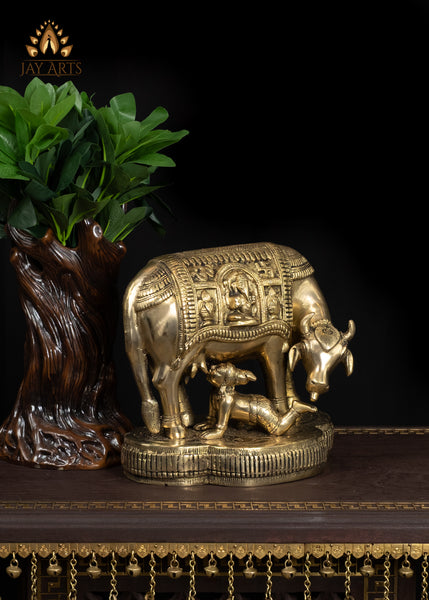 8" Sacred Brass Cow and Baby Krishna Statue Symbol of Nuture