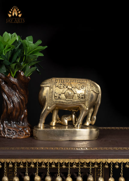 8" Sacred Brass Cow and Baby Krishna Statue Symbol of Nuture