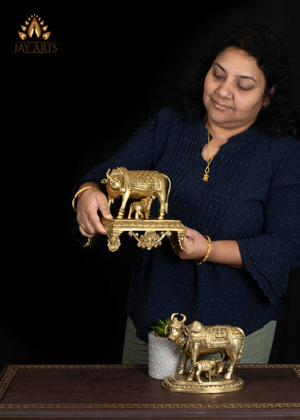 7" Divine Brass Cow and Calf Statue Standing on a Pedestal