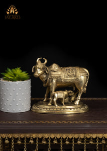 7" Beautiful Brass Cow with Calf Traditional Vastu Statue