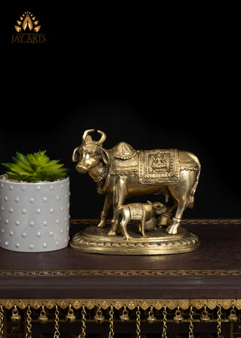7" Beautiful Brass Cow with Calf Traditional Vastu Statue
