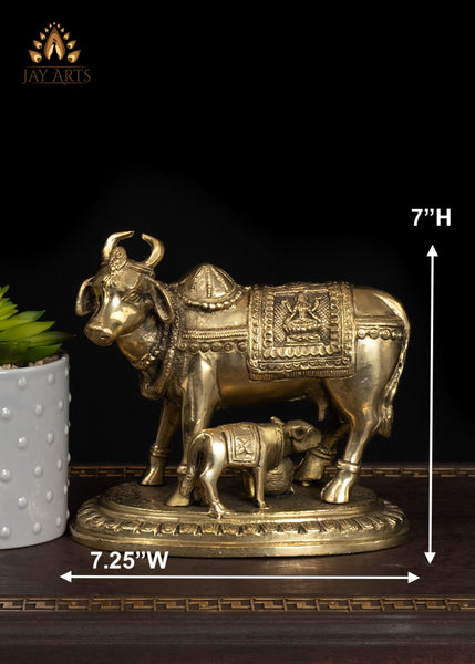 7" Beautiful Brass Cow with Calf Traditional Vastu Statue