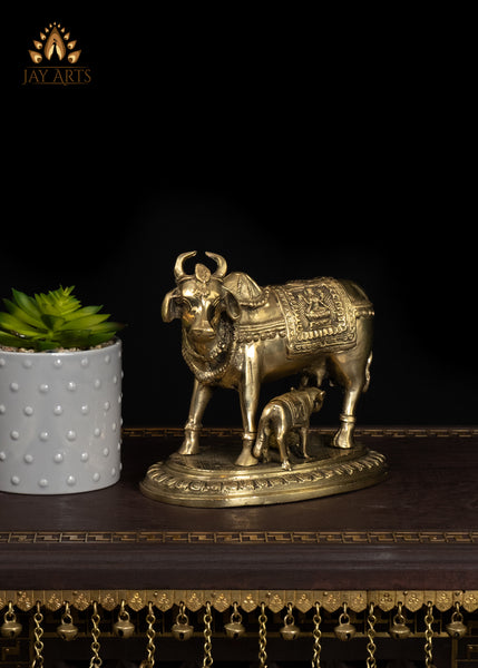 7" Beautiful Brass Cow with Calf Traditional Vastu Statue