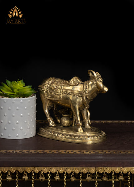 7" Beautiful Brass Cow with Calf Traditional Vastu Statue