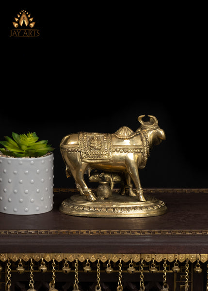 7" Beautiful Brass Cow with Calf Traditional Vastu Statue