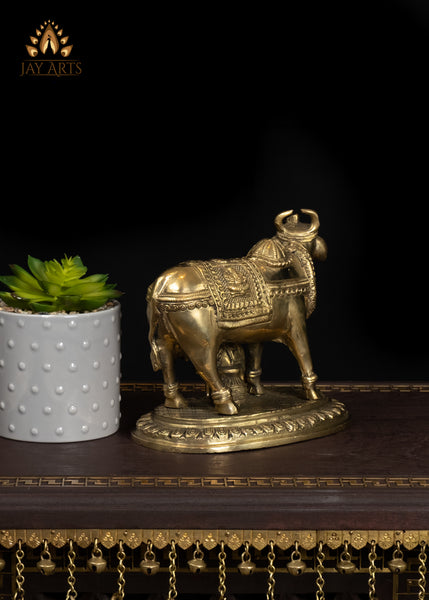 7" Beautiful Brass Cow with Calf Traditional Vastu Statue