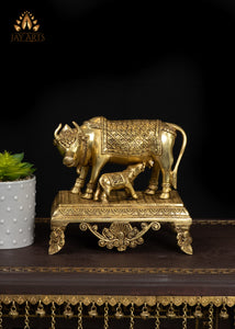 7" Divine Brass Cow and Calf Statue Standing on a Pedestal