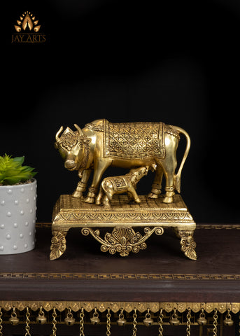 7" Divine Brass Cow and Calf Statue Standing on a Pedestal