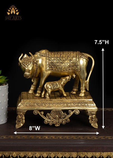 7" Divine Brass Cow and Calf Statue Standing on a Pedestal