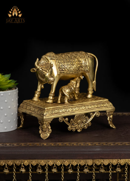 7" Divine Brass Cow and Calf Statue Standing on a Pedestal