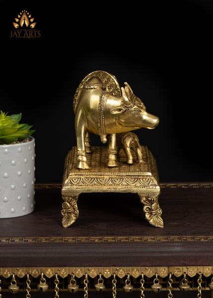 7" Divine Brass Cow and Calf Statue Standing on a Pedestal