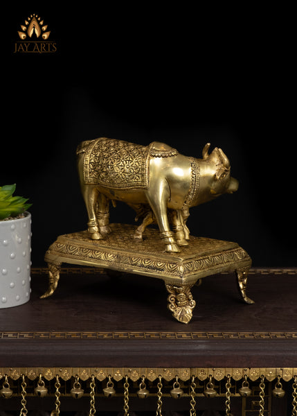 7" Divine Brass Cow and Calf Statue Standing on a Pedestal