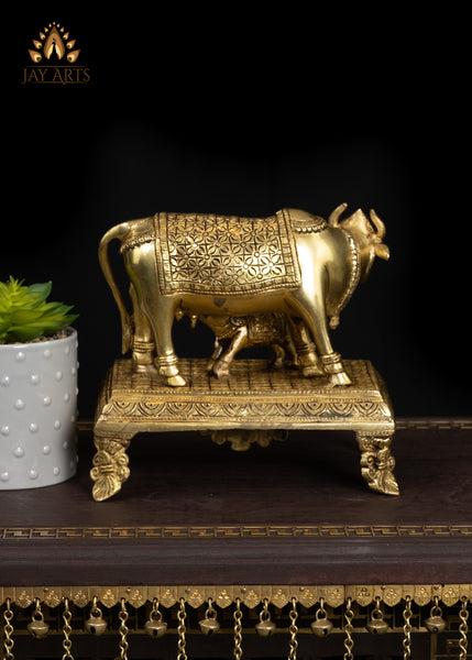 7" Divine Brass Cow and Calf Statue Standing on a Pedestal