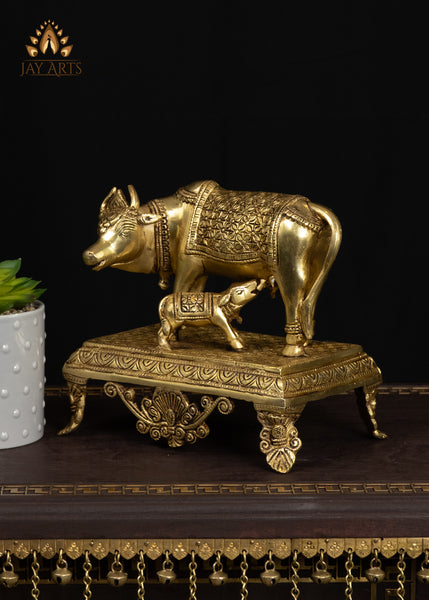 7" Divine Brass Cow and Calf Statue Standing on a Pedestal
