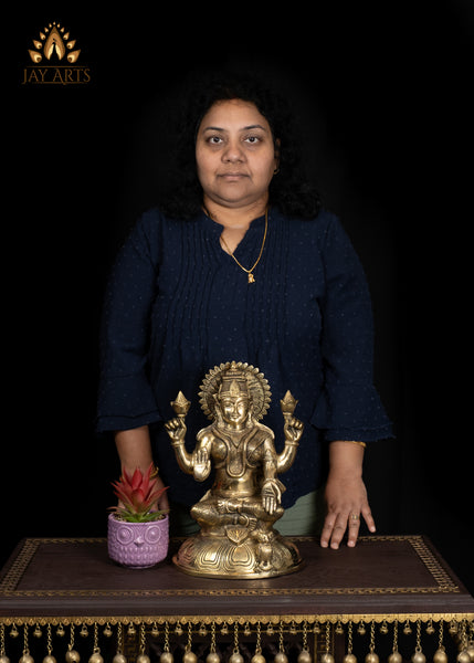 14" Graceful Brass Lakshmi Statue With An Owl Symbol of Wealth & Blessings