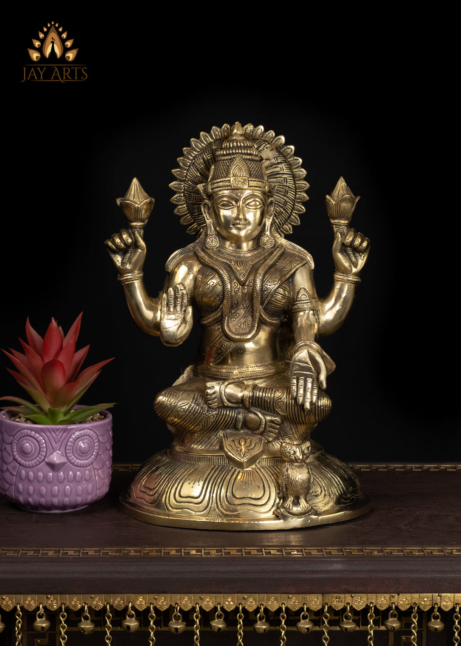 14" Graceful Brass Lakshmi Statue With An Owl Symbol of Wealth & Blessings