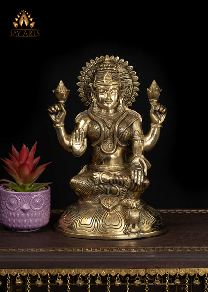 14" Graceful Brass Lakshmi Statue With An Owl Symbol of Wealth & Blessings