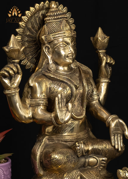 14" Graceful Brass Lakshmi Statue With An Owl Symbol of Wealth & Blessings
