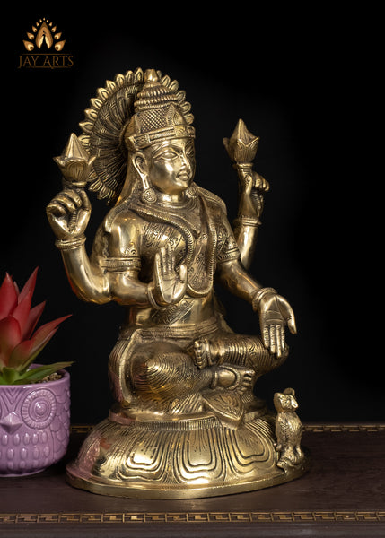 14" Graceful Brass Lakshmi Statue With An Owl Symbol of Wealth & Blessings
