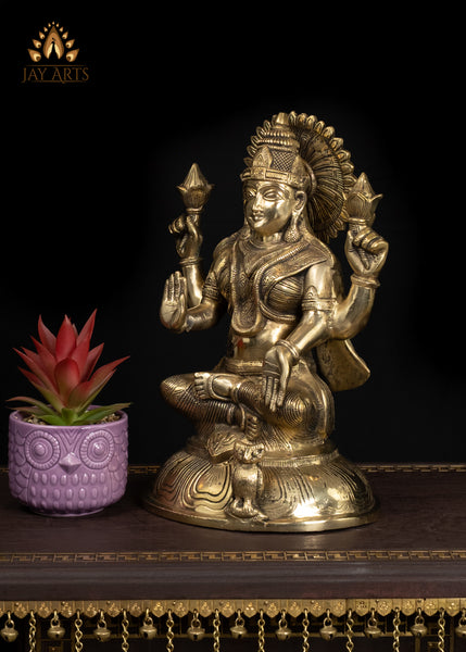 14" Graceful Brass Lakshmi Statue With An Owl Symbol of Wealth & Blessings