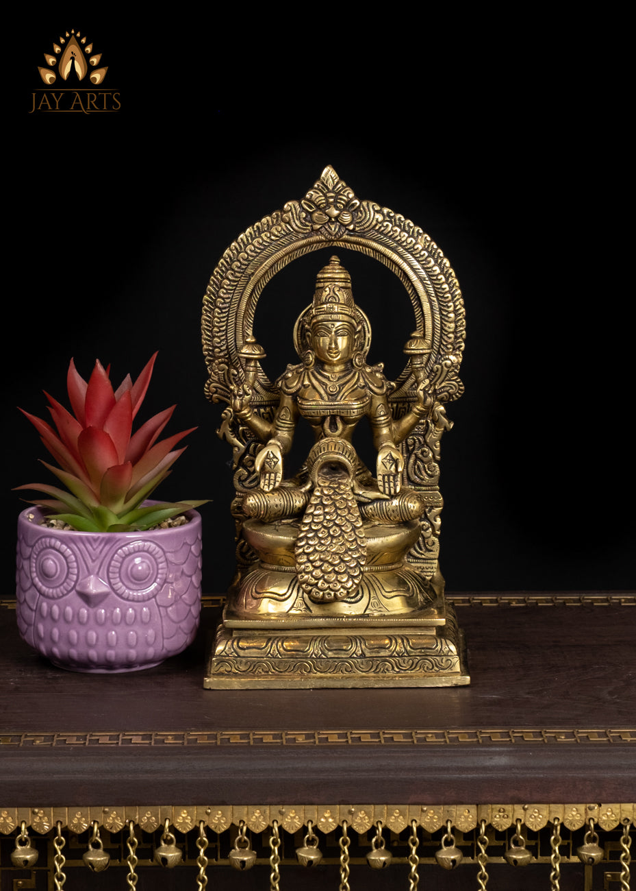 10" Goddess Lakshmi Brass Statue With Gold Coins Flowing Symbol Of Wealth
