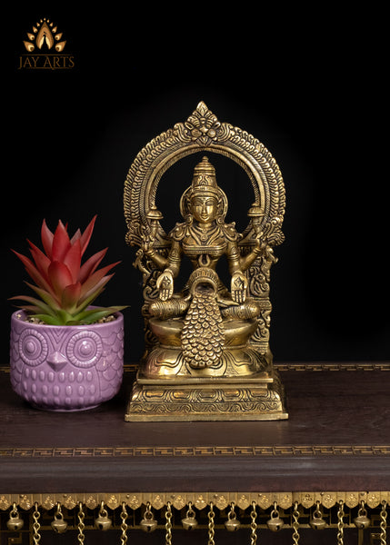 10" Goddess Lakshmi Brass Statue With Gold Coins Flowing Symbol Of Wealth