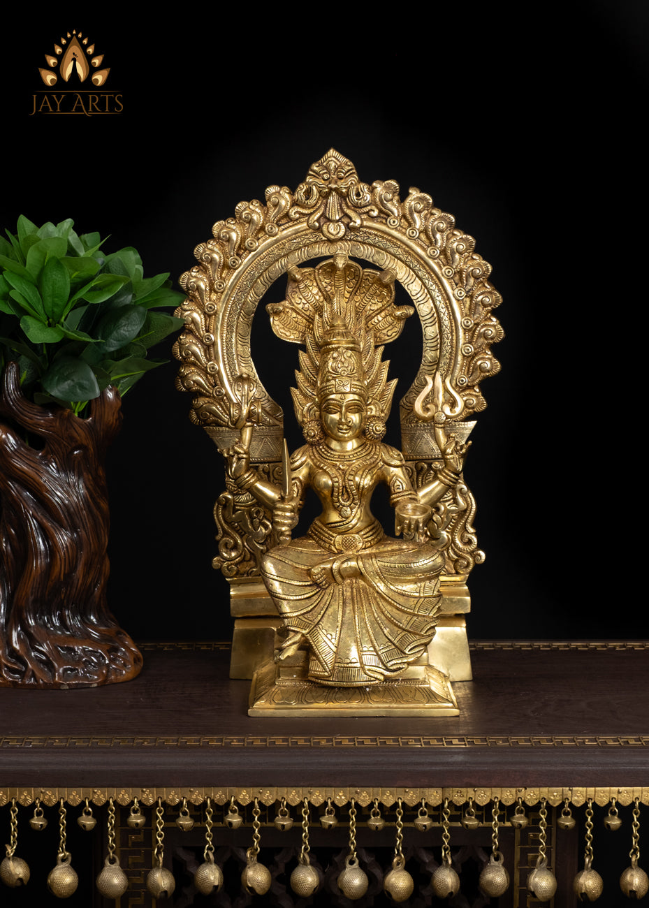17" Brass Mariaaman Holding a Sword And Seated On A Throne With Royal Grace