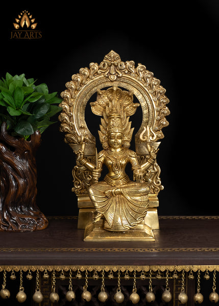 17" Brass Mariaaman Holding a Sword And Seated On A Throne With Royal Grace