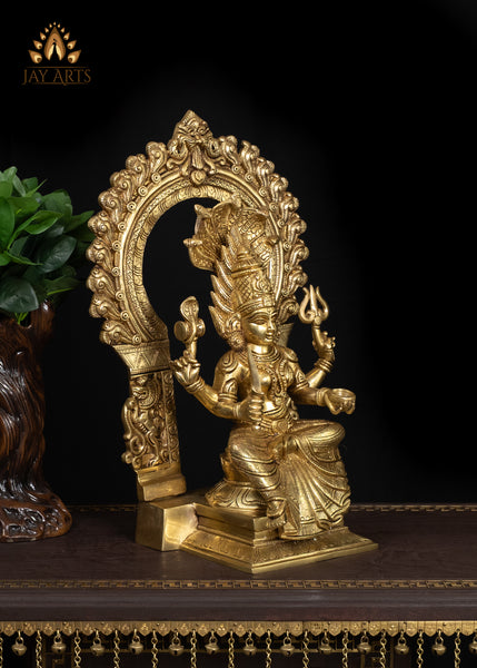 17" Brass Mariaaman Holding a Sword And Seated On A Throne With Royal Grace