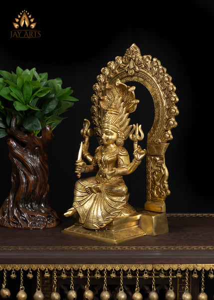 17" Brass Mariaaman Holding a Sword And Seated On A Throne With Royal Grace