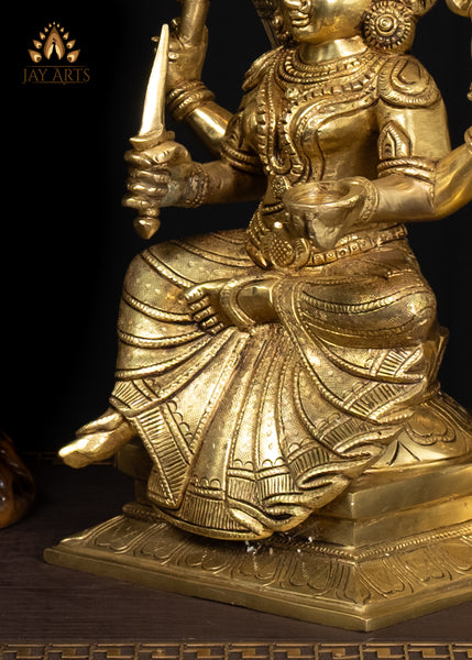 17" Brass Mariaaman Holding a Sword And Seated On A Throne With Royal Grace