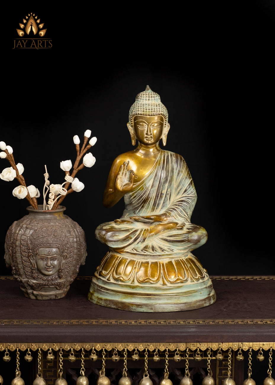 15" Elegant Brass Buddha Statue in Vitarka Mudra Vintage Style Finish