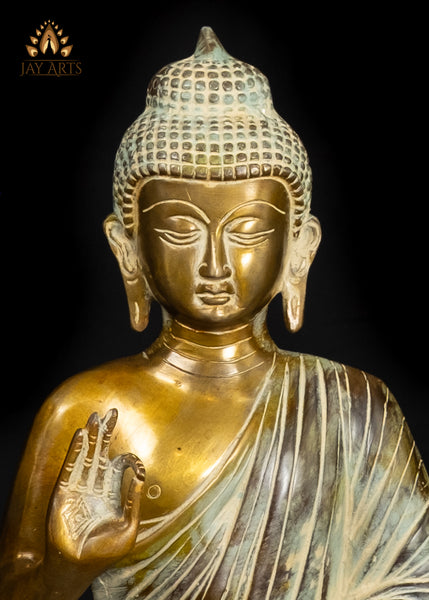 15" Elegant Brass Buddha Statue in Vitarka Mudra Vintage Style Finish