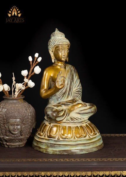15" Elegant Brass Buddha Statue in Vitarka Mudra Vintage Style Finish