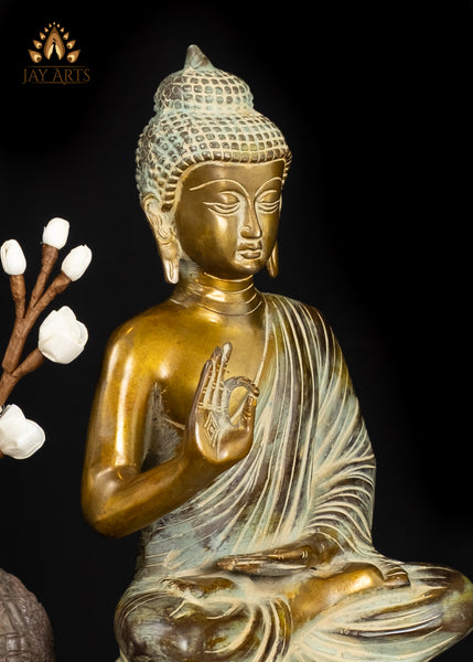 15" Elegant Brass Buddha Statue in Vitarka Mudra Vintage Style Finish