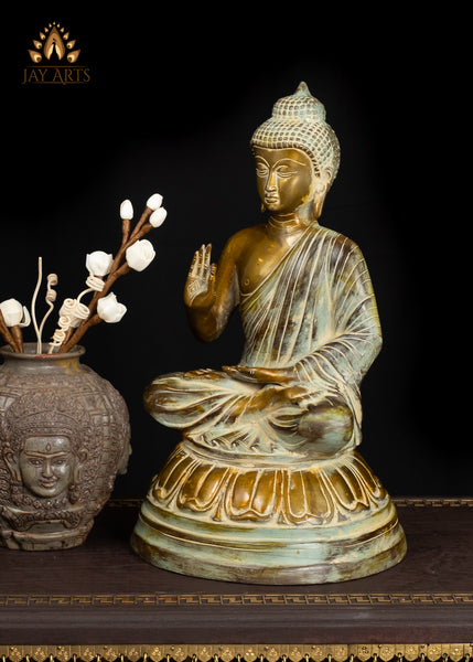 15" Elegant Brass Buddha Statue in Vitarka Mudra Vintage Style Finish