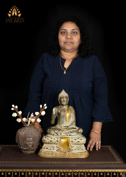 15" Brass Buddha in Teaching Gesture with a Vintage Brownish Green Patina