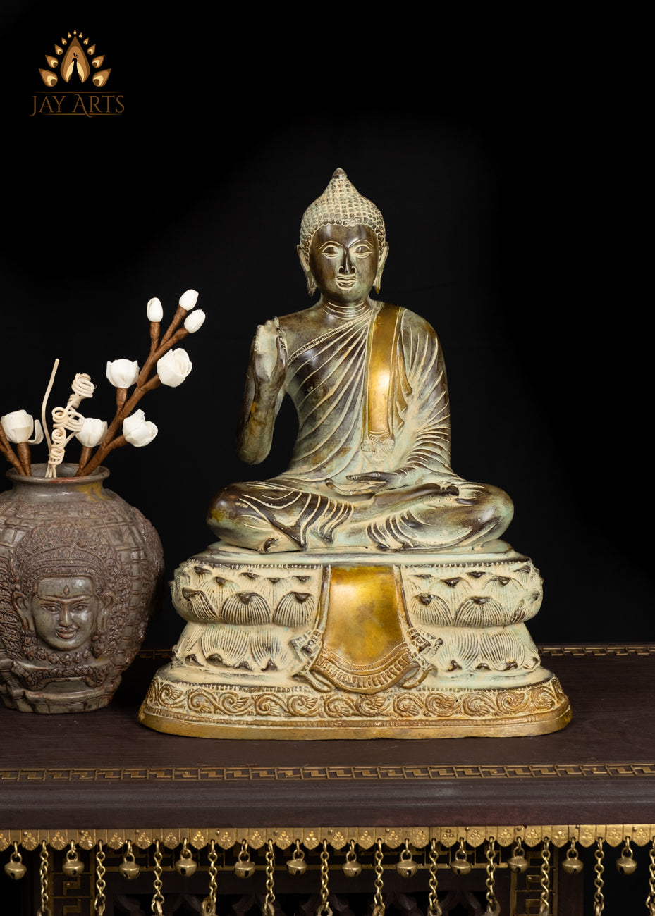 15" Brass Buddha in Teaching Gesture with a Vintage Brownish Green Patina